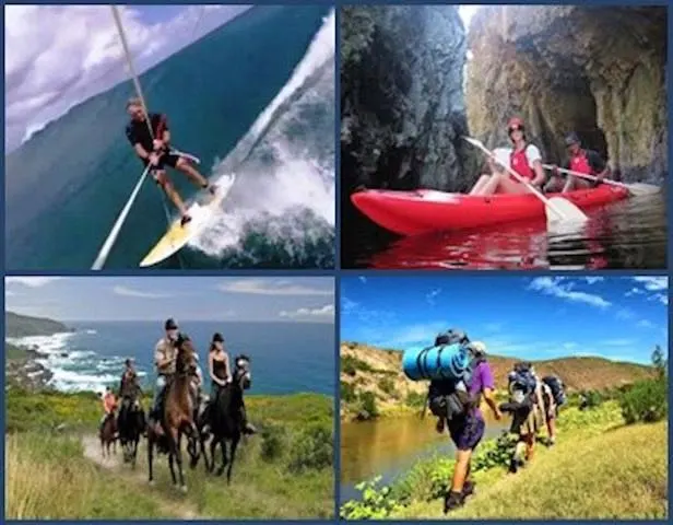 A collage of four outdoor activities: Kitesurfing on the ocean, kayaking in a cave, horseback riding along a coastal trail, and a group hiking through a grassy, scenic landscape.
